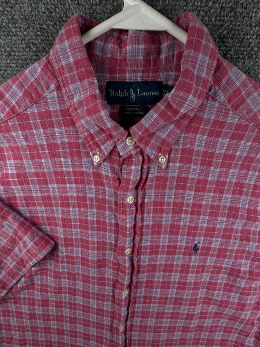 Ralph Lauren Monroe Red Blue Plaid Short Sleeve Button Up Shirt Men Cotton L